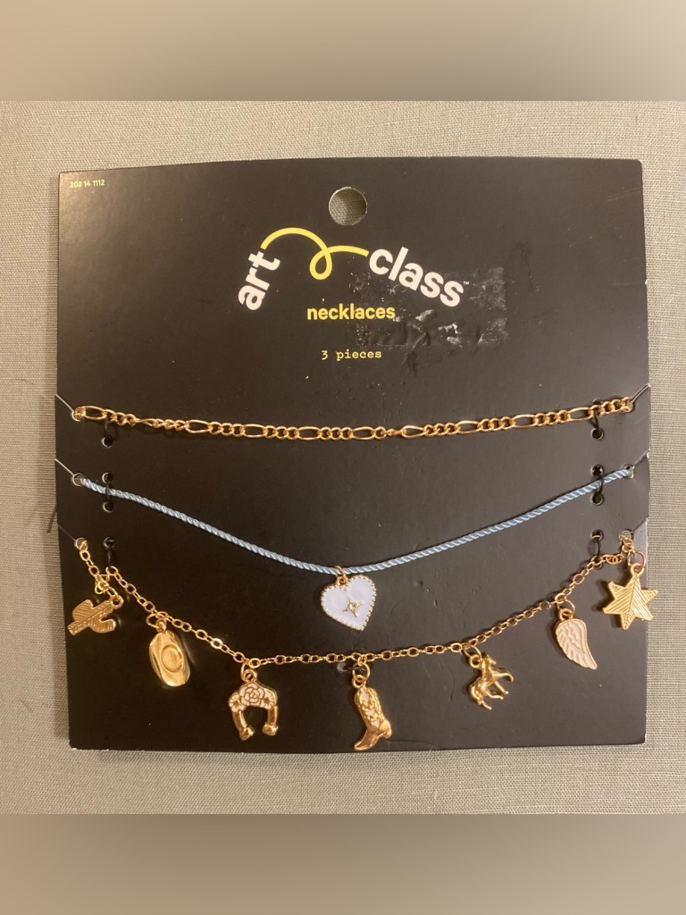 art class Gold Charm Layered Necklace Set with Light Blue Cord